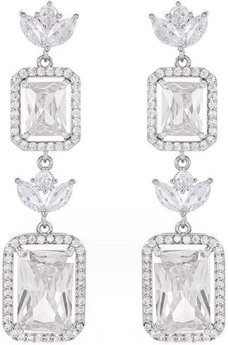 White Gold Plated Rectangle Square Shaped Swarovski Elements Crystal Wedding Bridal Bridesmaid Clear Cubic Zirconia Stud Dangle Earrings Fashion Jewelry for Women__ in Saudi Arabia