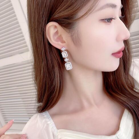 White Gold Plated Rectangle Square Shaped Swarovski Elements Crystal Wedding Bridal Bridesmaid Clear Cubic Zirconia Stud Dangle Earrings Fashion Jewelry for Women__ in Saudi Arabia