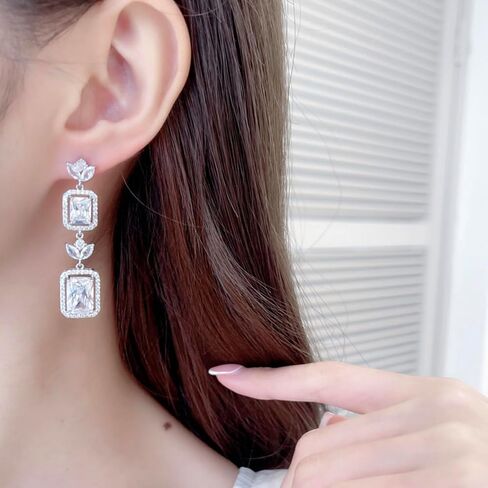 White Gold Plated Rectangle Square Shaped Swarovski Elements Crystal Wedding Bridal Bridesmaid Clear Cubic Zirconia Stud Dangle Earrings Fashion Jewelry for Women__ in Saudi Arabia