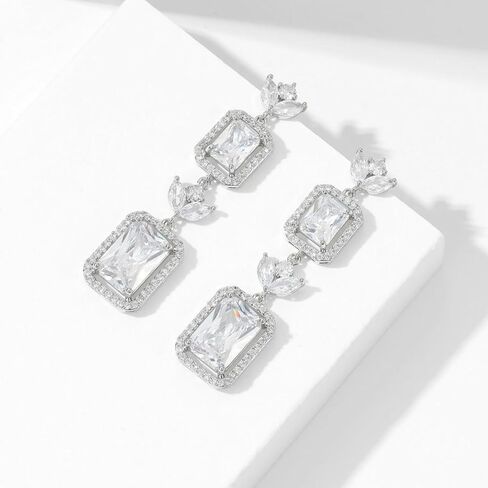 White Gold Plated Rectangle Square Shaped Swarovski Elements Crystal Wedding Bridal Bridesmaid Clear Cubic Zirconia Stud Dangle Earrings Fashion Jewelry for Women__ in Saudi Arabia