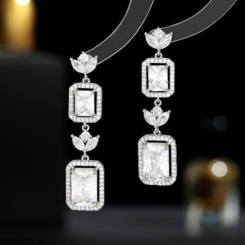 White Gold Plated Rectangle Square Shaped Swarovski Elements Crystal Wedding Bridal Bridesmaid Clear Cubic Zirconia Stud Dangle Earrings Fashion Jewelry for Women__ in Saudi Arabia