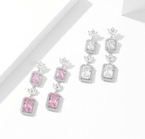 White Gold Plated Rectangle Square Shaped Swarovski Elements Crystal Wedding Bridal Bridesmaid Clear Cubic Zirconia Stud Dangle Earrings Fashion Jewelry for Women__ in Saudi Arabia