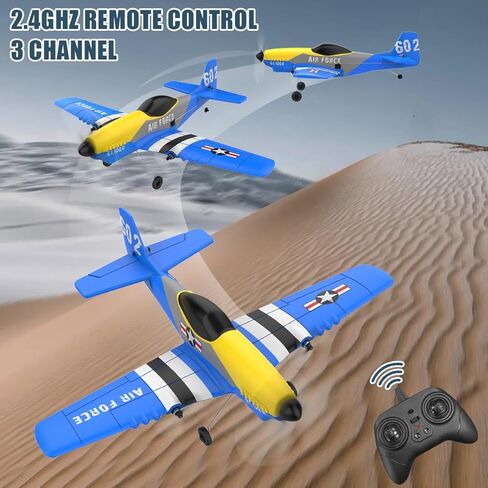 طائرة موستوب RC، لعبة مقاتلة بالتحكم عن بعد 3 قنوات، جاهزة للطيران، طائرة شراعية RC سهلة الطيران للأطفال والمبتدئين، مثبت جيروسكوبي 2.4 جيجا هرتز 6 محاور، طائرة طائرات RTF RC مع بطاريتين قابلتين لإعادة الشحن in Kuwait