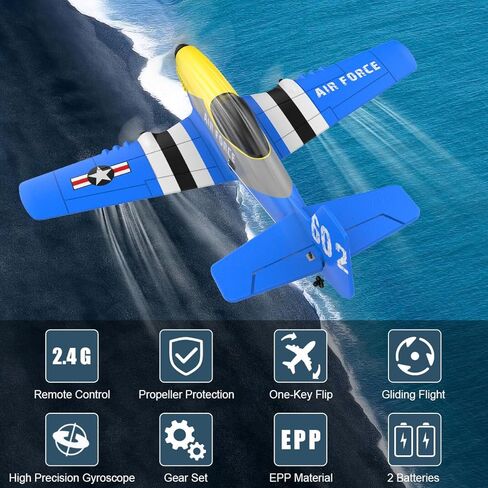طائرة موستوب RC، لعبة مقاتلة بالتحكم عن بعد 3 قنوات، جاهزة للطيران، طائرة شراعية RC سهلة الطيران للأطفال والمبتدئين، مثبت جيروسكوبي 2.4 جيجا هرتز 6 محاور، طائرة طائرات RTF RC مع بطاريتين قابلتين لإعادة الشحن in Kuwait