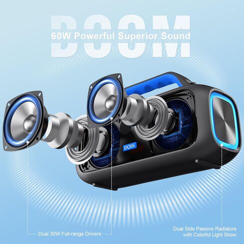 DOSS Extreme Boom S Wireless Portable Bluetooth Speaker with 60W Stereo Sound, Rich Bass, IPX6 Waterproof, 25H Playtime, Power Bank, TWS, LED Lights, Outdoor Speaker for Camping,Beach, Pool-Black in Saudi Arabia