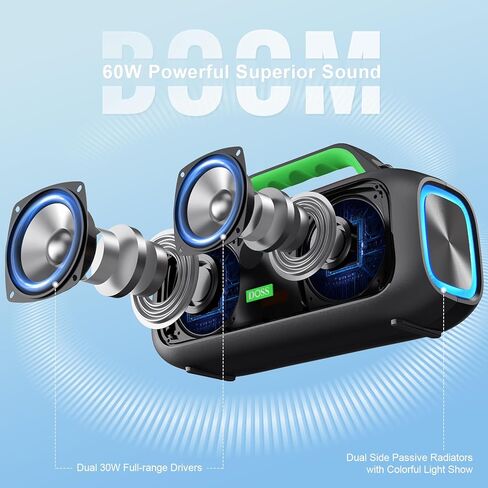 DOSS Extreme Boom S Wireless Portable Bluetooth Speaker with 60W Stereo Sound, Rich Bass, IPX6 Waterproof, 25H Playtime, Power Bank, TWS, LED Lights, Outdoor Speaker for Camping,Beach, Pool-Black in Saudi Arabia