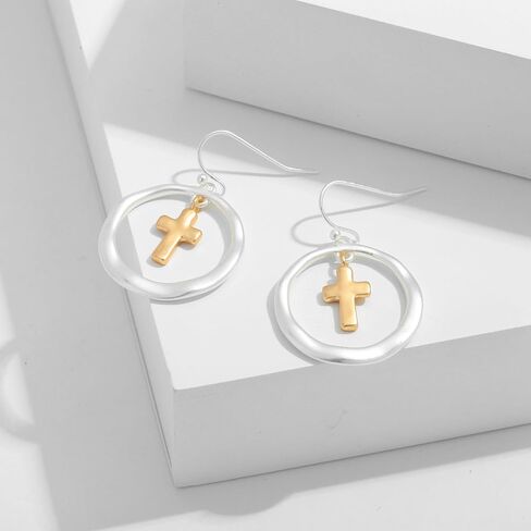 LILIE&WHITE Worn Gold Earrings For Women In Round Disc Matte Gold And Silver Earrings Two Tone Dangle Drop Earrings Fashion Boho Earrings Jewelry Gift in Saudi Arabia