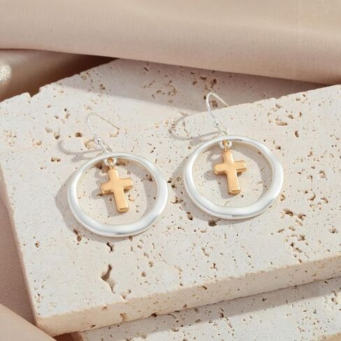 LILIE&WHITE Worn Gold Earrings For Women In Round Disc Matte Gold And Silver Earrings Two Tone Dangle Drop Earrings Fashion Boho Earrings Jewelry Gift in Saudi Arabia