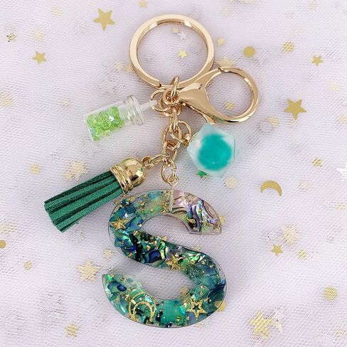 SELOVO Initial Keychain Ball Tassel Charm Capital Letter Alphabet Green Keyring in Saudi Arabia