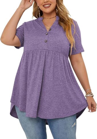 PLOKNRD Women's Plus Size Tops Short Sleeve Henley V Neck Button Up Flowy T Shirts Tunic Loose Blouses Light Purple in Saudi Arabia