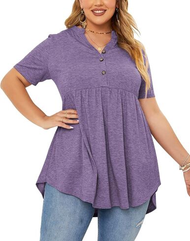 PLOKNRD Women's Plus Size Tops Short Sleeve Henley V Neck Button Up Flowy T Shirts Tunic Loose Blouses Light Purple in Saudi Arabia