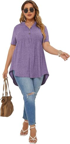 PLOKNRD Women's Plus Size Tops Short Sleeve Henley V Neck Button Up Flowy T Shirts Tunic Loose Blouses Light Purple in Saudi Arabia