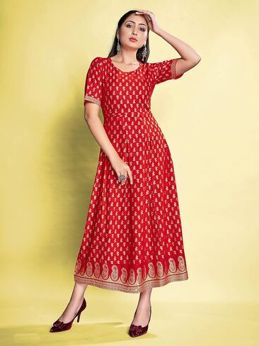 Indian Kurti for Womens || Rayon Foil Printed Kurta Kurtis Dress For Women Tops Tunic in Saudi Arabia