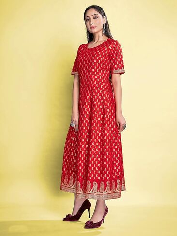 Indian Kurti for Womens || Rayon Foil Printed Kurta Kurtis Dress For Women Tops Tunic in Saudi Arabia