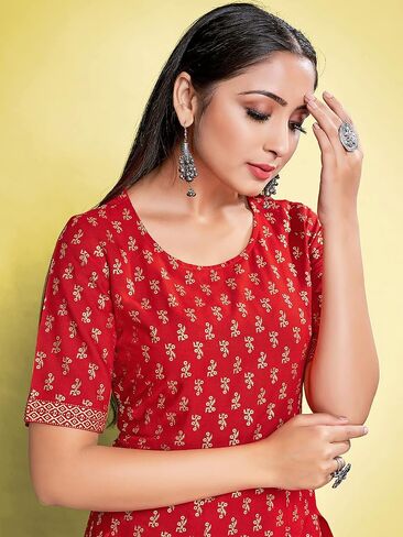 Indian Kurti for Womens || Rayon Foil Printed Kurta Kurtis Dress For Women Tops Tunic in Saudi Arabia
