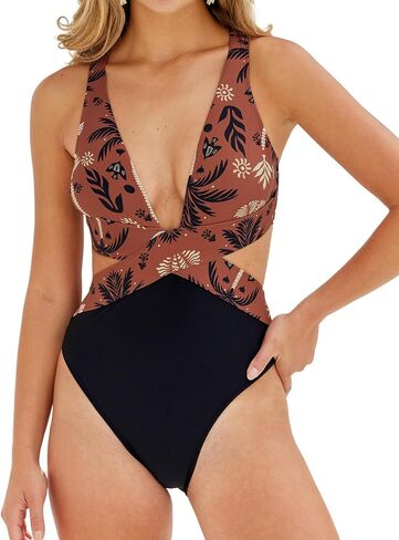 CUPSHE Women's One Piece Swimsuits Bathing Suits Cutout Crisscross Self Tie Plunging Neck Wide Straps in Saudi Arabia