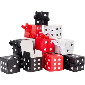 BENECREAT 72 Sets 3 Colors Dice Favor Boxes, 2x2x2inch Red Black White Casino Theme Square Dice Gift Box with Ribbon for Candy Chocolate Wedding Party Gift Packaging