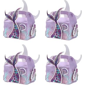 Boxkat 4 Pcs Mermaid Party Favor Goodie Gift Boxes 3D Mermaid Fishtail Paper Candy Gift Boxes Handmade DIY Candy Box with Handle for Under the Sea Theme Birthday Wedding Party Decoration Supplies