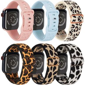 Leopard Nylon Stretchy Solo Loop Band Compatible with Apple Watch Bands 40mm 38mm 41mm 42mm 44mm 45mm 49mm,Leopard silicone Band Elastic Sport Wristbands Strap for iWatch Series 9 8 7 6 5 4 3 SE,Women