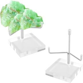 2pcs Acrylic Easel Display Stand, 2.4 x 2.4 x 3.5inch Clear Acrylic Stand Holder with Adjustable Metal Arms Crystal Stand for Gemstone Fossil Crystal Mineral Geode Decor (Silver)