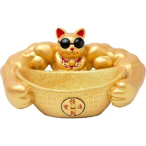 Lucky Cat Figurine Muscle Arm Cat Statue Wealth Good Luck Statue Feng Shui Office Decoration for Home Hotel Ornament - Gold