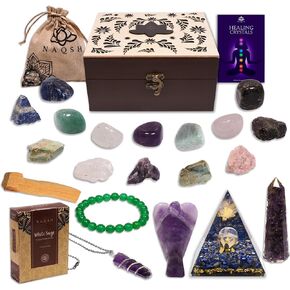 NAQSH 22-Piece Healing Stones 7 Raw & 7 Tumbled Stones, Bracelet, Wands, Pyramids, Cones, Pendant, Palo Santo Sticks, Pocket Angels (7 Chakra Gift Set)