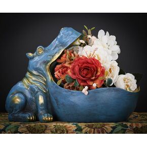 Hippo Statue Table Decoration Gift for Home & Office, Creative Resin Sculpture Storage Basket Holder Bowl Ornament for Keys & Candy, 12.5" x 6.5" x 8.5"