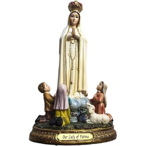 Our Lady of Fatima 8'' Resin Statue. Includes Prayer Card. Catholic Religious Figurine with Children, White, Gold