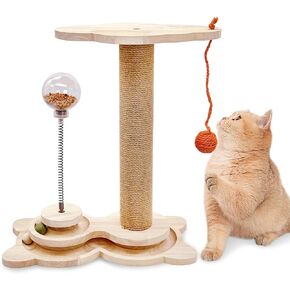 Fhiny Cat Scratching Posts, Interactive Cat Toys for Indoor Cats Sisal Rope Kitten Scratcher with Cat Treat Dispenser 2-Layer Wooden Cat Turntable & Interactive Balls Dangling Ball for Cats Kittens