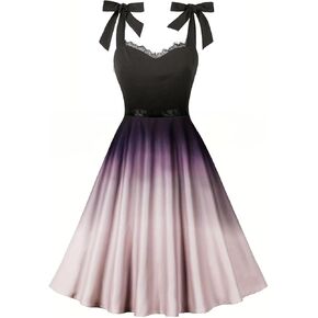 1950s Dresses for Women Spaghetti Straps Lace Trim Gradient Dress 50s Adjustable Bowknot Swing Cocktail Dress