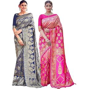Elina fashion Pack of Two Sarees for Women Banarasi Art Silk Woven Indian Wedding Saree | Diwali Gift Sari Combo