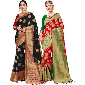 Elina fashion Pack of Two Sarees for Women Banarasi Art Silk Woven Indian Wedding Saree | Diwali Gift Sari Combo