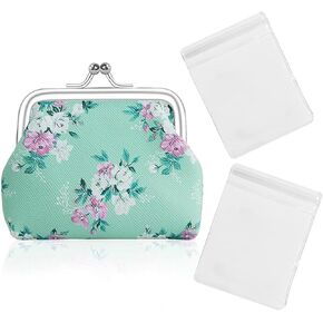 BenePoint Coin Purse for Women, Mini Purse Change Purse Coin Pouch with Kiss Clasp Lock& 2 Clear Jewelry Bags, Floral PU Leather Coin Purses Small Pouches for Cash and Jewelry (blue)