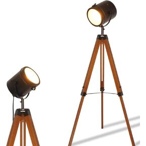 Industrial Tripod Floor Lamp for Living Room Bedroom, Vintage Spotlight Reading Lamp with Wooden Metal Legs，Nautical Searchlight Floor Lamp for Office, Cinema, Dorm, Black (Without Edison Bulb)