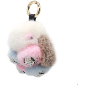 surell - Genuine Mink Fur Pom Bunny Rabbit Keychain with Bling Paws - Rhinestone Bag Purse Charm - Pocketbook Accessory