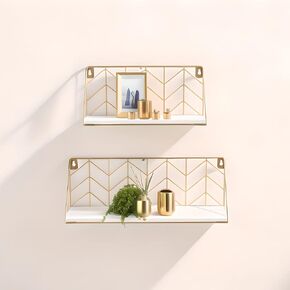 White Versatile Wood Floating Shelf with Gold Metal Wire Frame - Stylish Wall Decor and Storage Solution for Living Room, Bedroom, Bathroom, Kitchen, Office, Set of 2