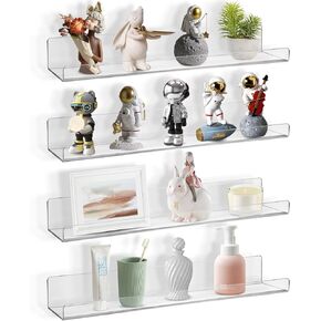 Boxalls Acrylic Clear Shelves - 4 Pack, 15 Inches Wall Storage Organizer Floating Shelf for Bathroom, Bedroom, Kitchen Variety Room, High Transparency Acrylic Waterproof Shelves
