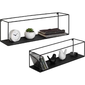 MyGift Black Floating Shelves for Wall, Decorative Rectangular Metal Frame Display Wall Shelf for Bedroom