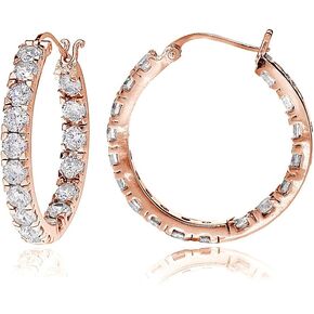 Hoops & Loops 925 Sterling Silver Cubic Zirconia White CZ Inside Out 20mm Round Hoop Click-Top Earrings for Women Teen Girls, Silver, Rose & Yellow Gold