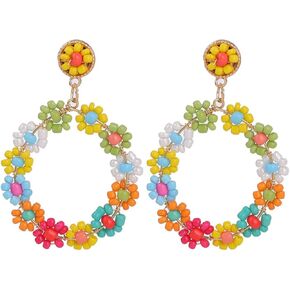 Cute Daisy Flower Beaded Earrings for Women Multicolor Floral Hoop Dangle Earringss Boho Seed Summer Beach Statement Ear Jewelry