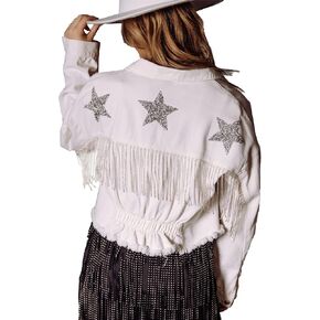 LifeShe Women's Rhinestones Fringe Denim Jacket Oversized Cropped Jean Jacket Coat