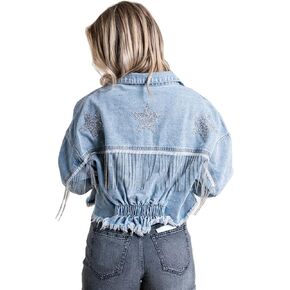 LifeShe Women's Rhinestones Fringe Denim Jacket Oversized Cropped Jean Jacket Coat