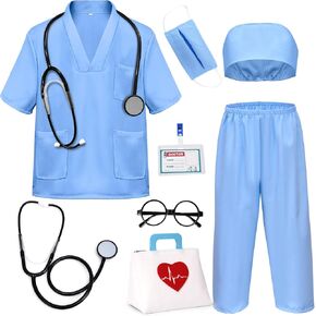 8pcs Kids Doctor Costume Toddler Scrubs Set Boys Girls Doctor Kit with Bag Real Stethoscope Glasses Accessories Pretend Play Toys Halloween Dress Up Career Day (Blue, 130)