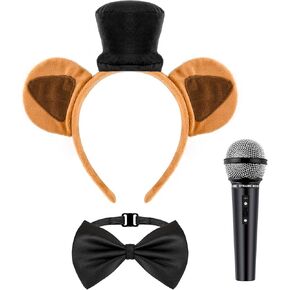Bear Costume Accessories Set Include Bear Ears Headband Black Bowtie Microphone Toy for Halloween Cosplay Dress Up