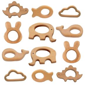 12-Pcs Baby Teether Toys,Wooden Teethers for Babies - Wooden Animal Toys, Teething Rings, Toddler Chew Toys，Baby Teething Rings and Wooden Teether Set-Suitable for Children Over 36 Months