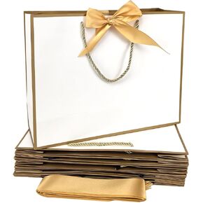 TKSBAG 12PCS Gift Bags with Handles, 12.5 x 9.8 x 4.3 Medium Size Gift Bags, White Thank You Bags with Bow Ribbon for Wedding, Birthday, Graduation, Father's Day, Holidays