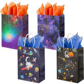 BLEWINDZ 16pcs Space Party Favor Gift Bags with Tissue, Small Paper Space Goodie Bags for Boys Birthday, Galaxy Gift Bags with Handles Astronaut Space Themed Party Favors Decorations