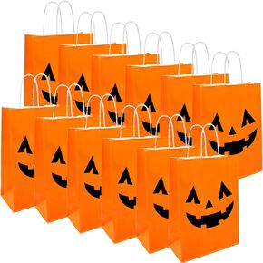 12 Pieces Halloween Pumpkin Gift Candy Bags, Halloween Paper Bags with Handle Trick or Treat Bags Party Favor for Halloween Party Decorations