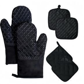 Oven Mitts and Pan Racks 6-Piece Set, Extended Kitchen Oven Mitts and Pan Racks, Heat Resistant 500 °F, Silicone Non-Slip Surface for Baking and Cooking (Black)