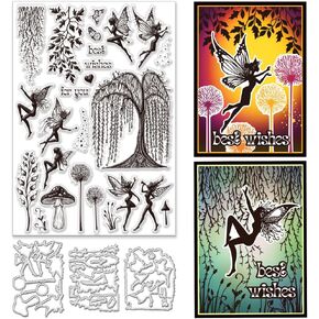 Fairies Clear Stamps and Dies for Card Making DIY Metal Mushroom Die Cuts Trees Silicone Stamp Butterflies Stamps Dandelion Stamps Best Wishes Stamps Magic Stamps for Craft Scrapbooking Decor